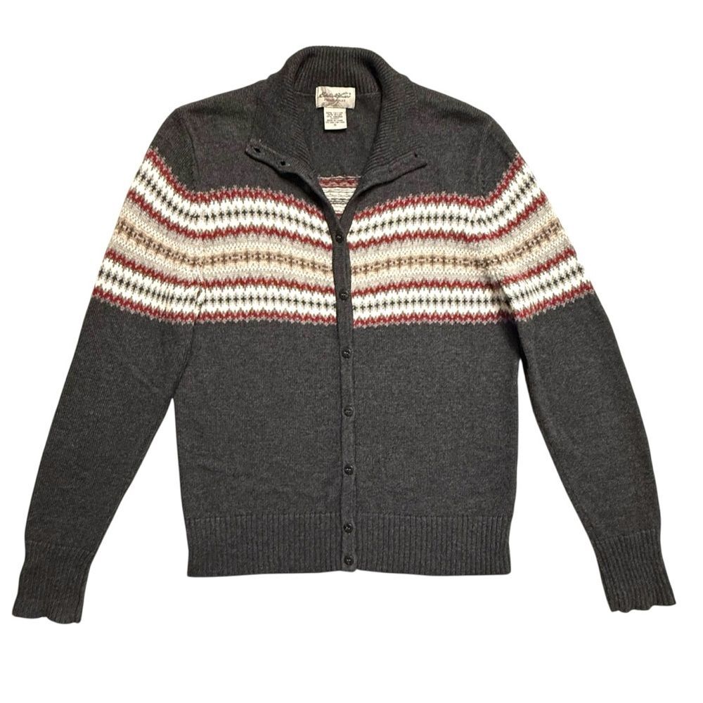 Eddie Bauer Collectibles Fair Isle Pattern Gray Cardigan Cotton Angora S Preppy